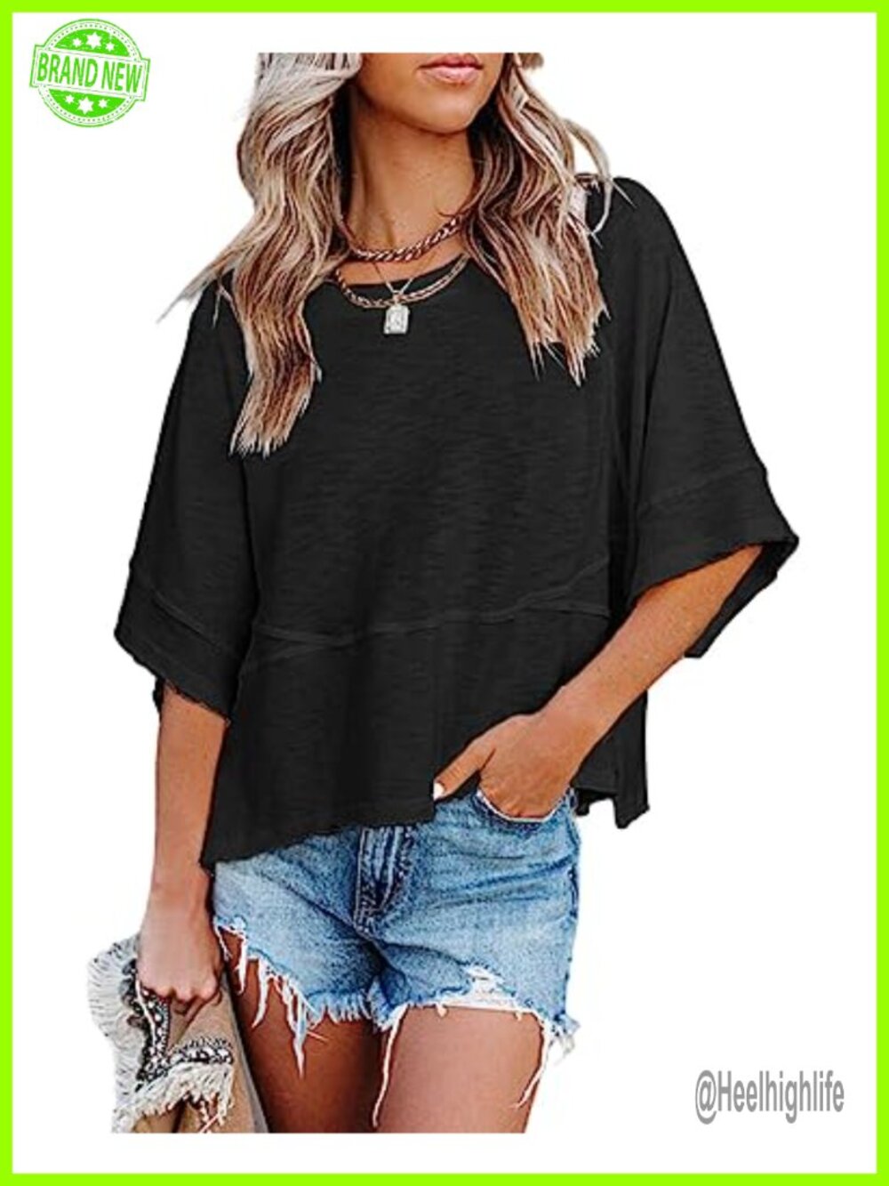 Sovelen Women's Summer Casual Loose Fit 3/4 Sleeve Crewneck T-Shirt Tunic